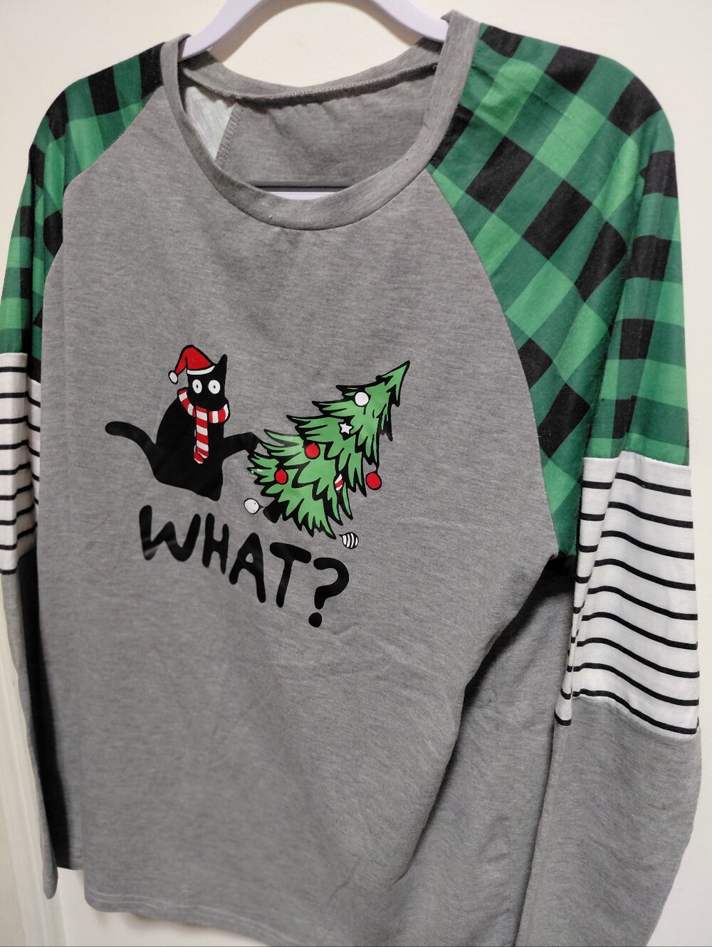 Womens Grey Christmas Cat Top with Green Plaid Sleeves
